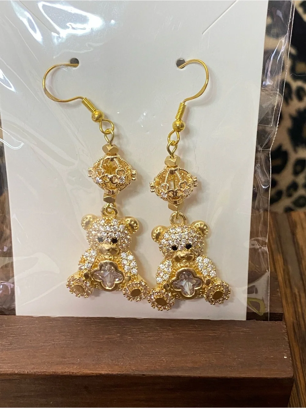 Jenny Leigh Rhinestone Gold Tone Teddy Bear Dangle Earrings NWT